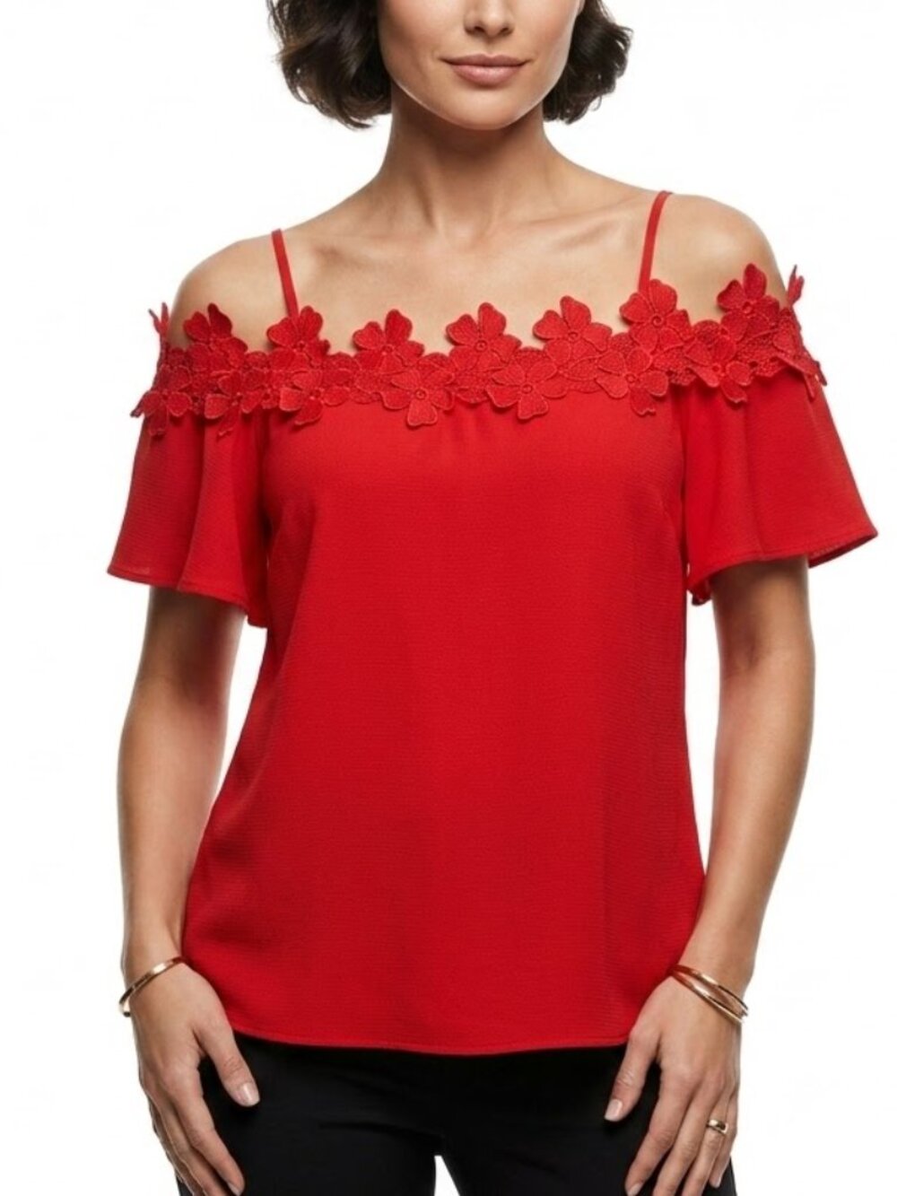 AWESOME USA Red Coquette Floral Lace Cold Shoulder Flutter Sleeve Top S